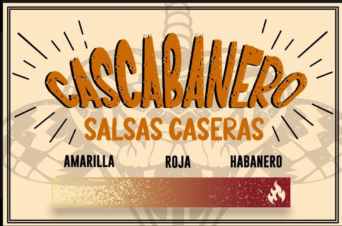 Tarjeta Cascabanero que se exhibe en los puntos de venta, con las tres salsas y su escala de picor